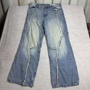 Bershka Womens Baggy Jeans Light Blue Denim Low Waist Fringing Whisker Size 10